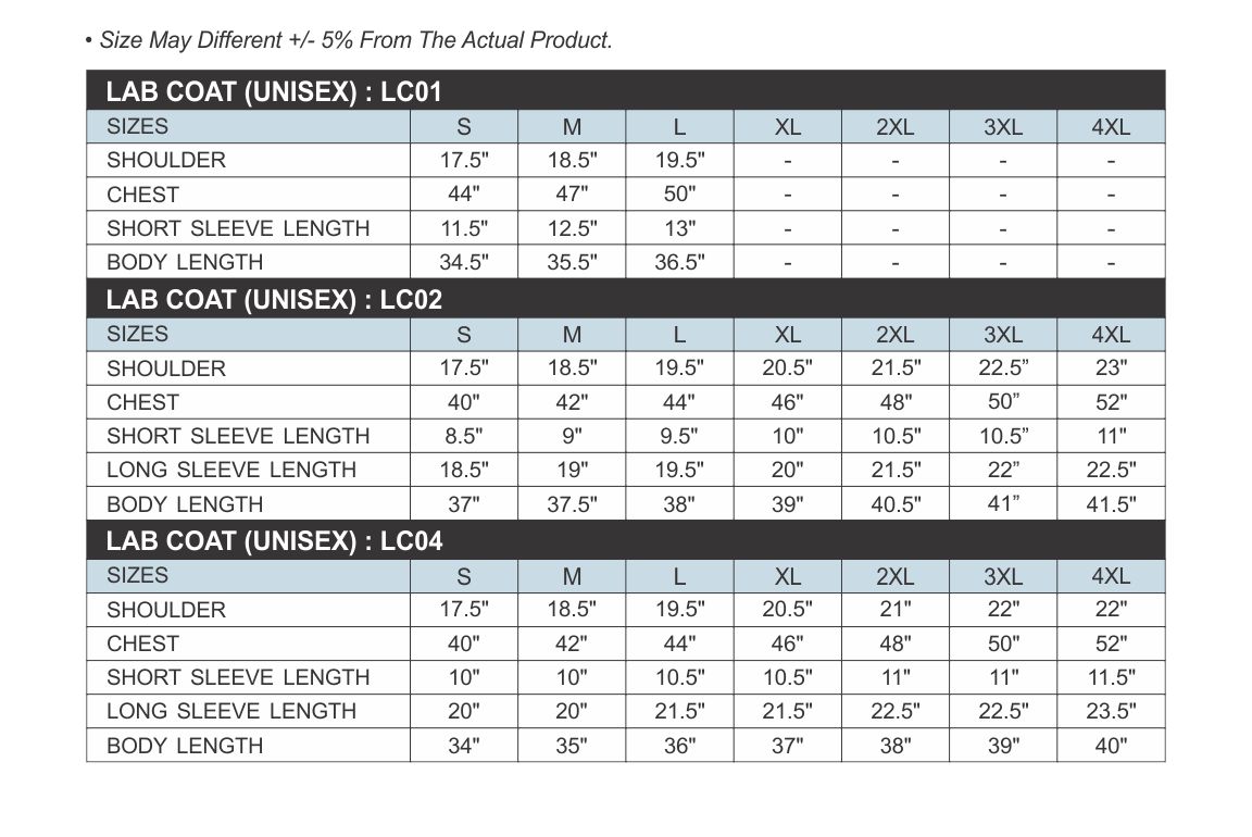 Landau Men's Lab Coat Size Chart